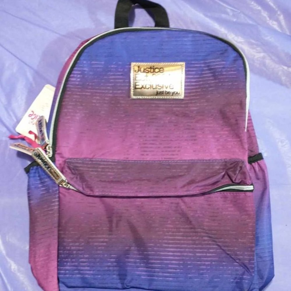 JUSTICE backpack book bag purples multi pocket